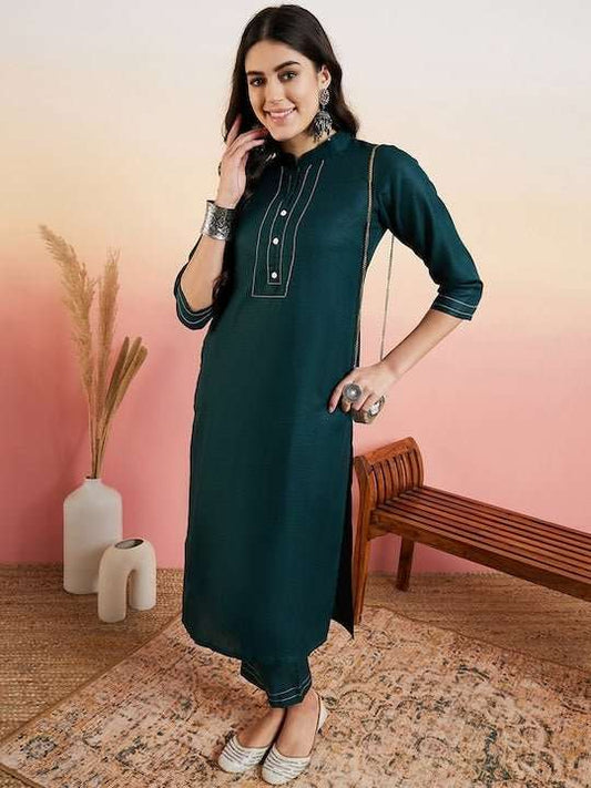 Green Thread Work Regular Kurta With Trousers - Inddus.com
