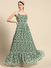 Green Tie and Dye Printed Chiffon Ethnic Maxi Dress - Inddus.com
