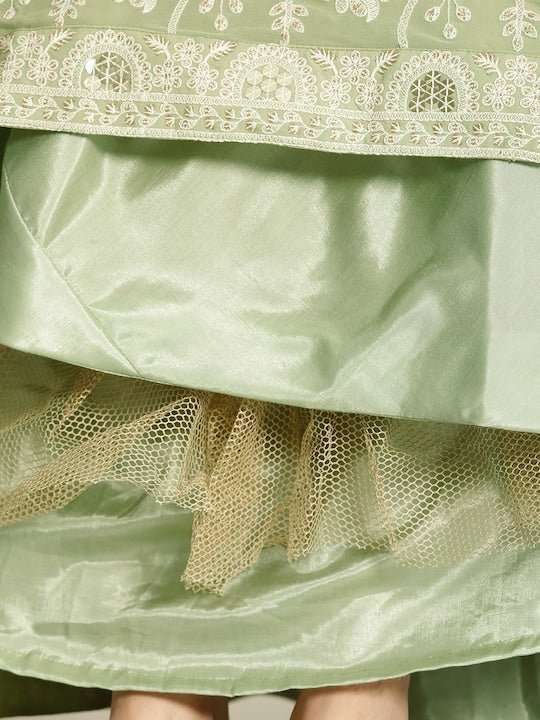 Green & White Embroidered Thread Work Semi-Stitched Lehenga & Unstitched Blouse With - Inddus.com