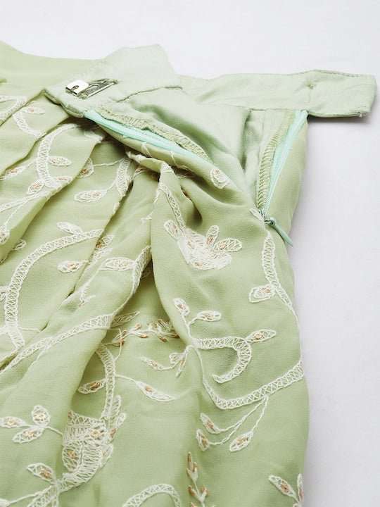 Green & White Embroidered Thread Work Semi-Stitched Lehenga & Unstitched Blouse With - Inddus.com