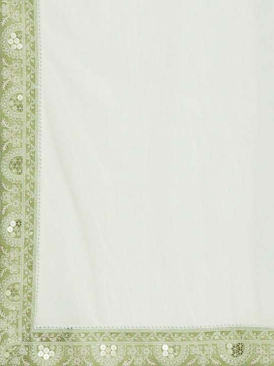 Green & White Embroidered Thread Work Semi-Stitched Lehenga & Unstitched Blouse With - Inddus.com