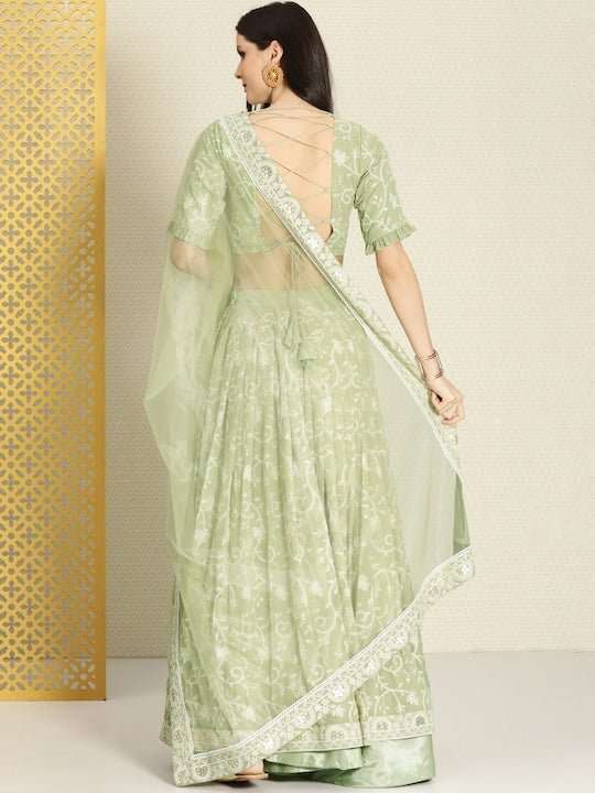 Green & White Embroidered Thread Work Semi-Stitched Lehenga & Unstitched Blouse With - Inddus.com