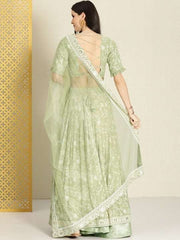 Green & White Embroidered Thread Work Semi-Stitched Lehenga & Unstitched Blouse With - Inddus.com