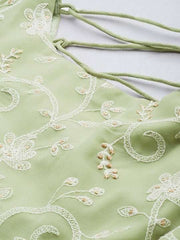 Green & White Embroidered Thread Work Semi-Stitched Lehenga & Unstitched Blouse With - Inddus.com