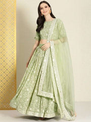 Green & White Embroidered Thread Work Semi-Stitched Lehenga & Unstitched Blouse With - Inddus.com
