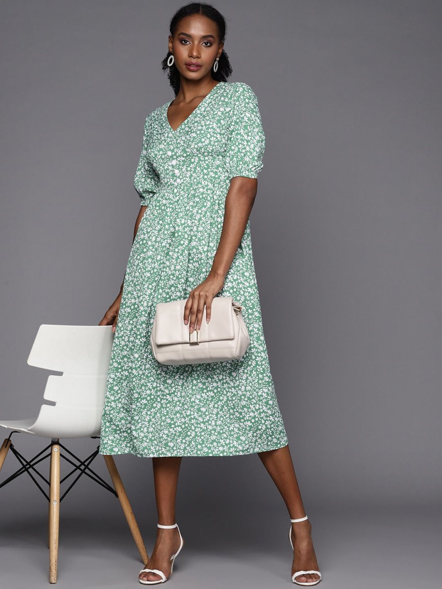 Green & White Floral A-Line Midi Dress - Inddus.com