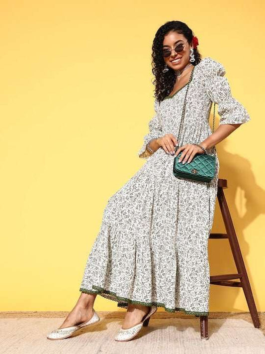 Green & White Floral Print Sweetheart Neck Puff Sleeves Maxi Dress - Inddus.com