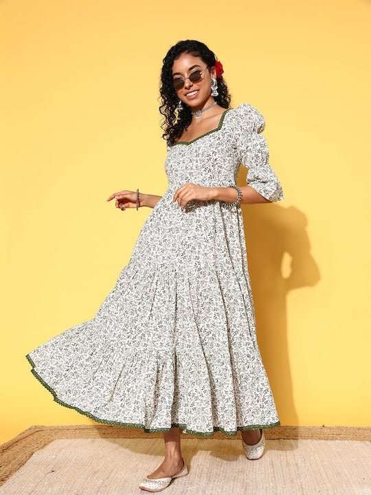 Green & White Floral Print Sweetheart Neck Puff Sleeves Maxi Dress - Inddus.com
