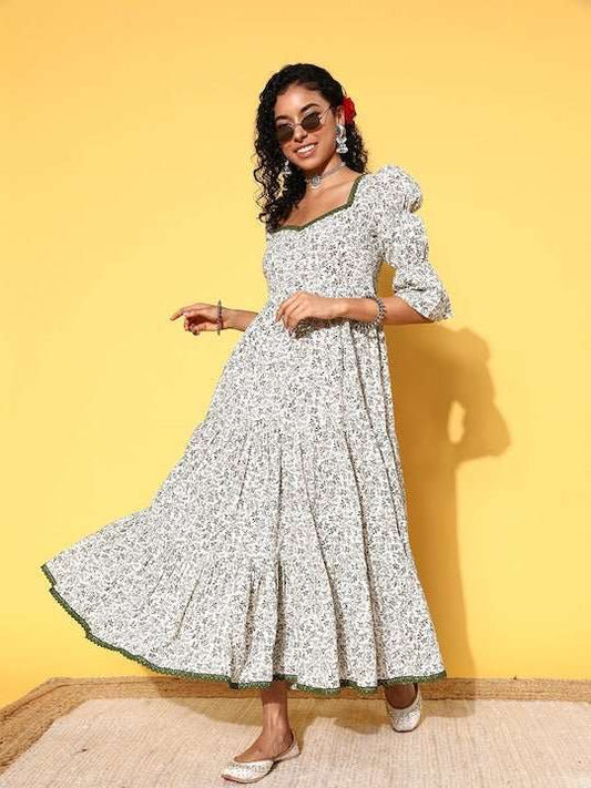 Green & White Floral Print Sweetheart Neck Puff Sleeves Maxi Dress - Inddus.com