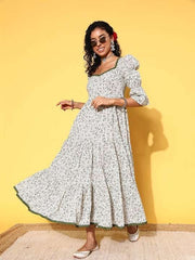 Green & White Floral Print Sweetheart Neck Puff Sleeves Maxi Dress - Inddus.com