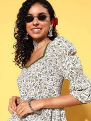 Green & White Floral Print Sweetheart Neck Puff Sleeves Maxi Dress - Inddus.com