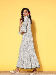 Green & White Floral Print Sweetheart Neck Puff Sleeves Maxi Dress - Inddus.com