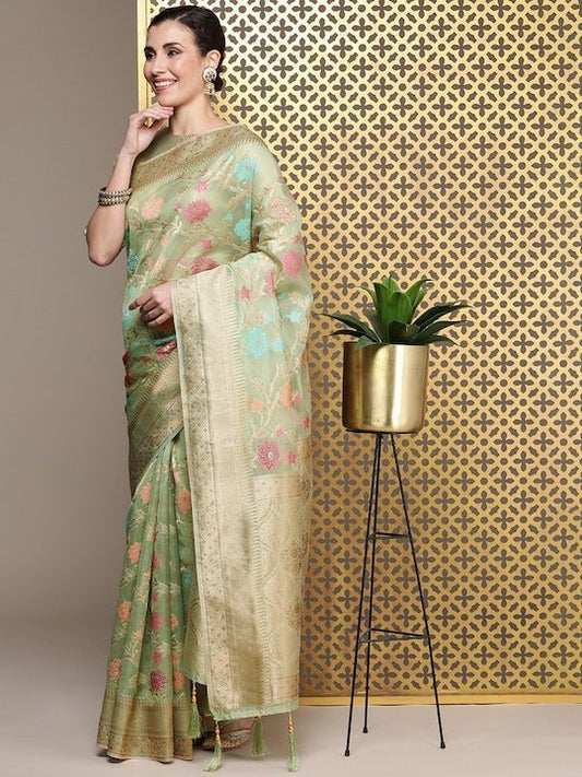Green Woven Design Floral Zari Organza Banarasi Saree - Inddus.com