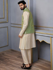 Green Woven-Design Mandarin Collar Nehru Jacket - Inddus.com