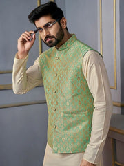 Green Woven-Design Mandarin Collar Nehru Jacket - Inddus.com