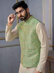 Green Woven-Design Mandarin Collar Nehru Jacket - Inddus.com