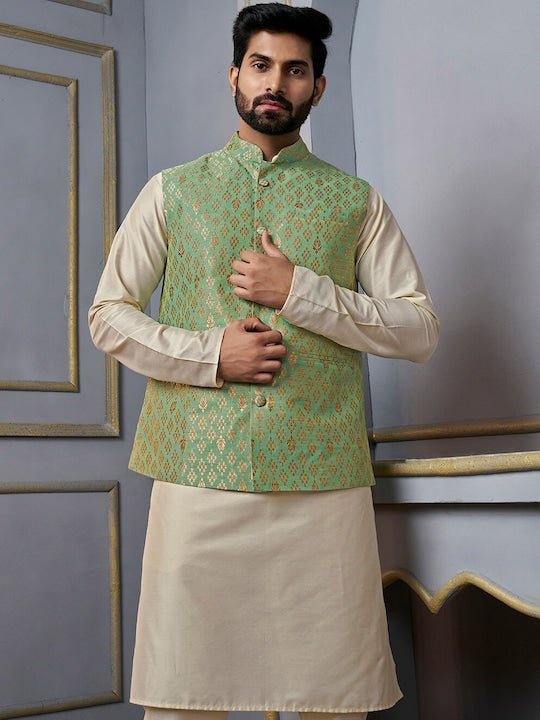 Green Woven-Design Mandarin Collar Nehru Jacket - Inddus.com