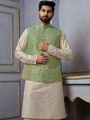Green Woven-Design Mandarin Collar Nehru Jacket - Inddus.com