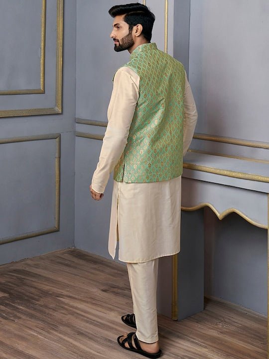 Green Woven-Design Mandarin Collar Nehru Jacket - Inddus.com