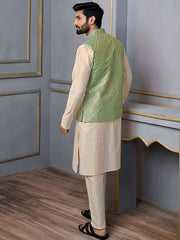 Green Woven-Design Mandarin Collar Nehru Jacket - Inddus.com