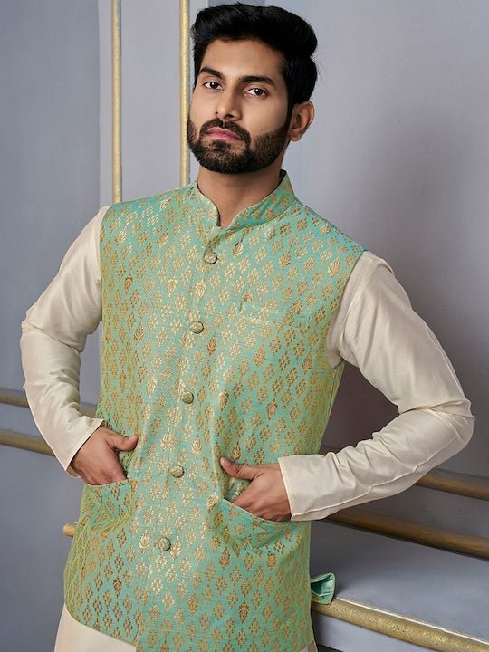 Green Woven-Design Mandarin Collar Nehru Jacket - Inddus.com