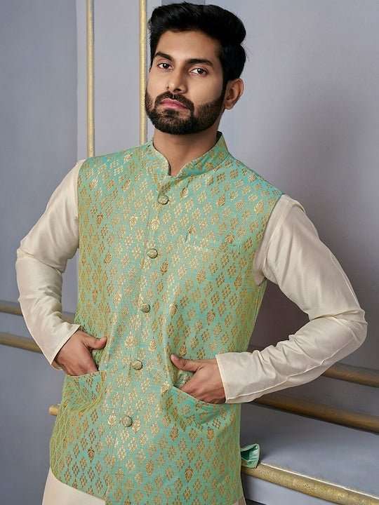 Green Woven-Design Mandarin Collar Nehru Jacket - Inddus.com