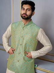 Green Woven-Design Mandarin Collar Nehru Jacket - Inddus.com