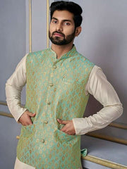Green Woven-Design Mandarin Collar Nehru Jacket - Inddus.com