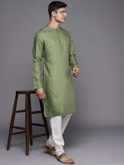 Green Woven Design Striped Kurta - Inddus.com