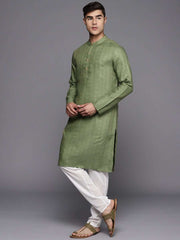 Green Woven Design Striped Kurta - Inddus.com