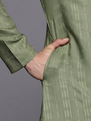 Green Woven Design Striped Kurta - Inddus.com