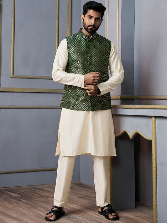 Green Woven Designed Nehru Jacket - Inddus.com