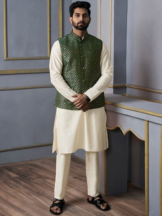 Green Woven Designed Nehru Jacket - Inddus.com