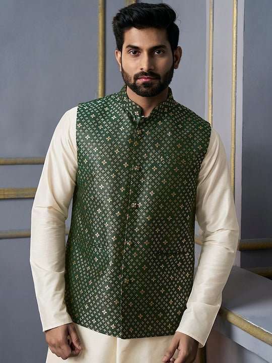 Green Woven Designed Nehru Jacket - Inddus.com