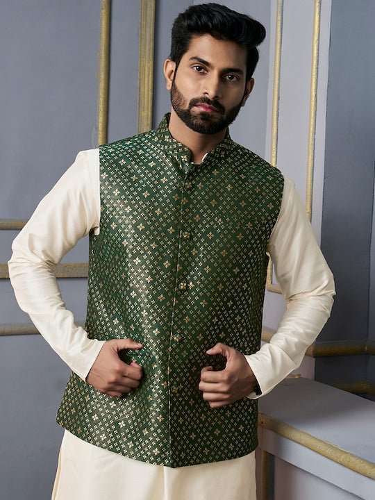 Green Woven Designed Nehru Jacket - Inddus.com