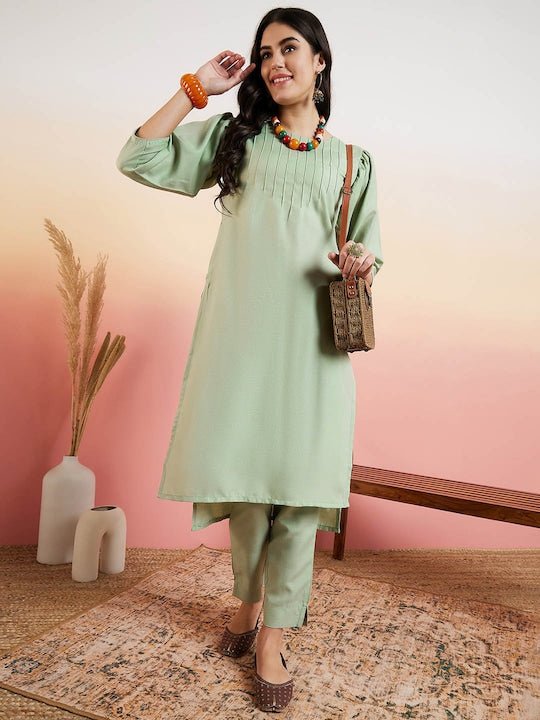 Green Yoke Design Regular Thread Work Kurta With Trousers - Inddus.com