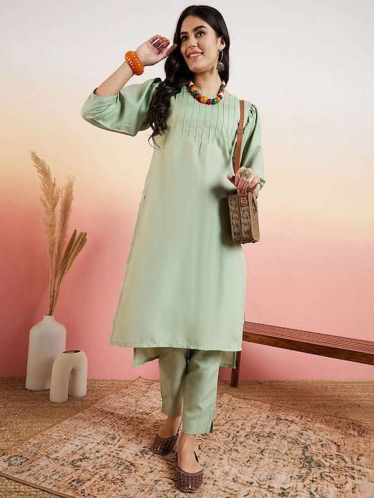 Green Yoke Design Regular Thread Work Kurta With Trousers - Inddus.com