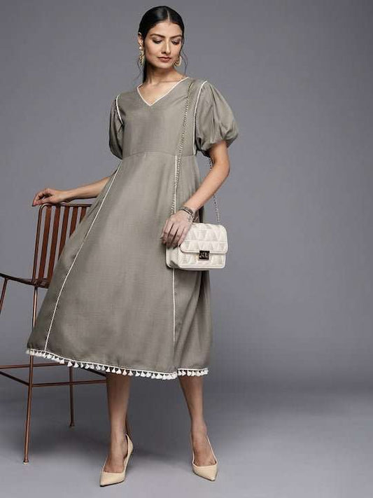 Grey A-Line Midi Dress - Inddus.com