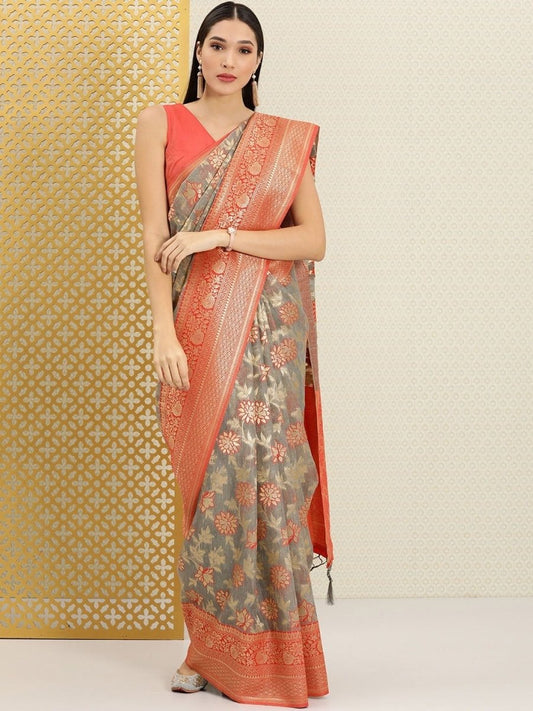 Grey and Red Floral Zari Woven Saree - Inddus.com