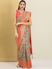 Grey and Red Floral Zari Woven Saree - Inddus.com