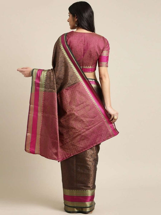 Grey & Brown Cotton Blend Woven Design Saree - inddus-us