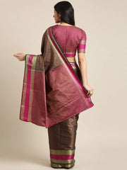 Grey & Brown Cotton Blend Woven Design Saree - inddus-us