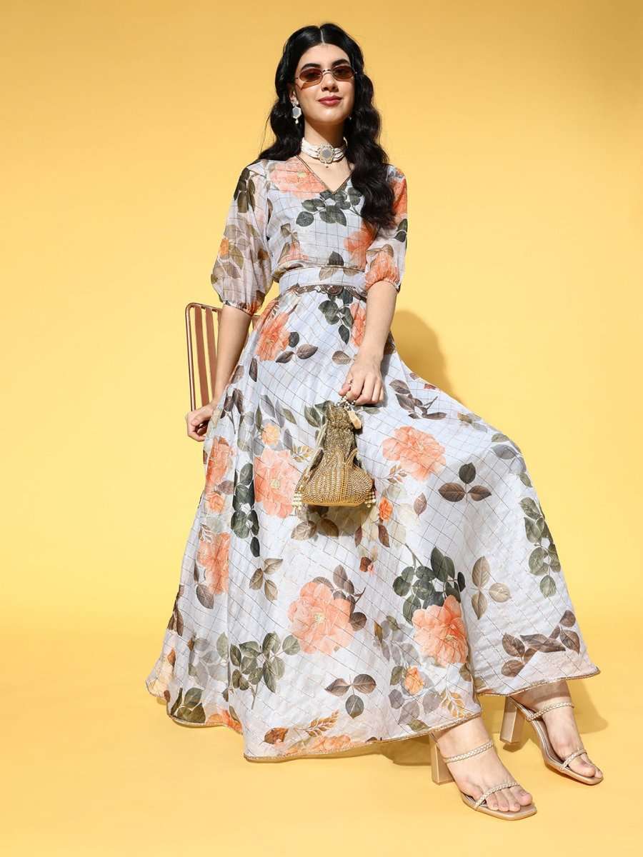 Grey Checked Gown with Embellished Belt - Inddus.com