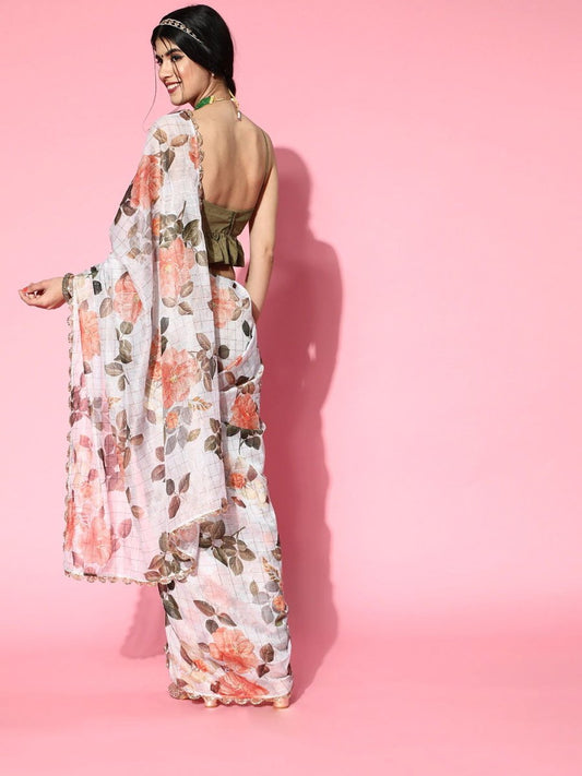 Grey Checked Zari Chanderi Saree - Inddus.com