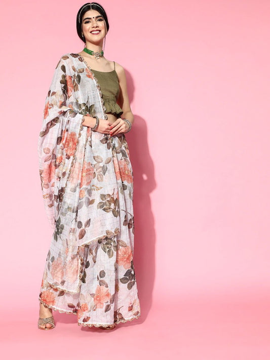 Grey Checked Zari Chanderi Saree - Inddus.com