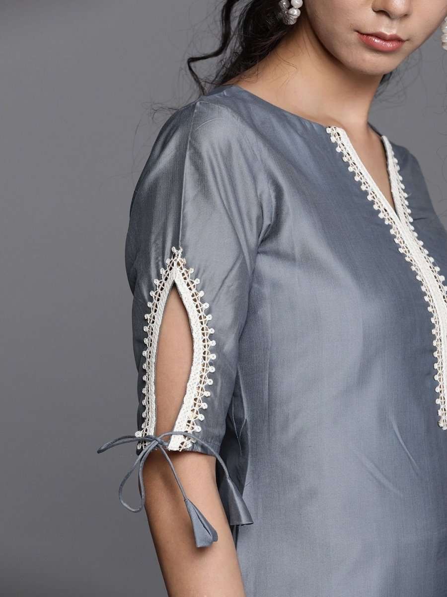 Grey Cotton Blend Solid Straight Cut Suit - Inddus.com