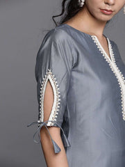 Grey Cotton Blend Solid Straight Cut Suit - Inddus.com