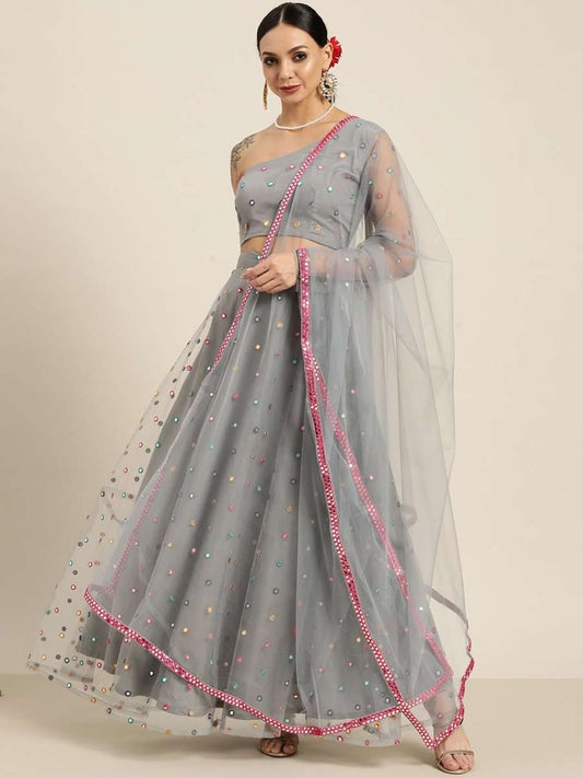 Grey Embroidered Mirror Work Semi-Stitched Lehenga & Unstitched Blouse With Dupatta - Inddus.com