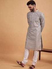 Grey Ethnic Motif Embroidered Chikankari Straight Kurta - Inddus.com