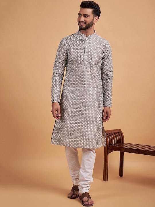Grey Ethnic Motif Embroidered Chikankari Straight Kurta - Inddus.com